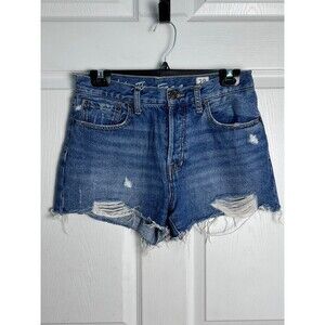 Free People Distressed High-Rise Denim Shorts - Blue